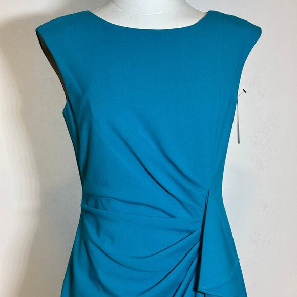 NWT New Directions Turquoise Faux Wrap Gather Sleeveless Sheath Dress Womens 6 - Picture 2 of 13